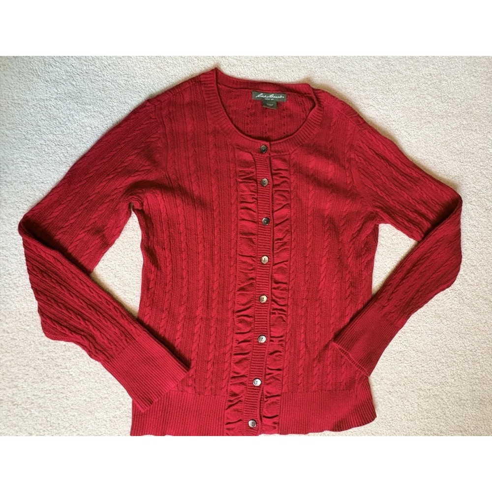 Eddie Bauer Womens Cardigan Sweater Cable Fine Knit Ruffle Cotton Blend Red Med